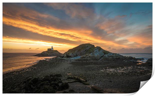 Sunrise at Mumbles lighthouse with the tide going  Print by Bryn Morgan