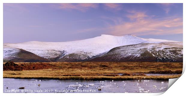 Pen y Fan and Corn Du Snow Clad Peaks at Dusk. Print by Philip Veale