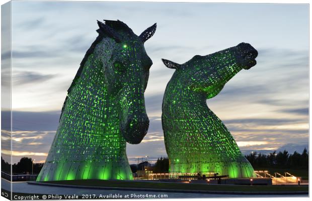 Kelpies at Sunset in Green. Canvas Print by Philip Veale