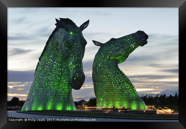 Kelpies at Sunset in Green. Framed Print by Philip Veale