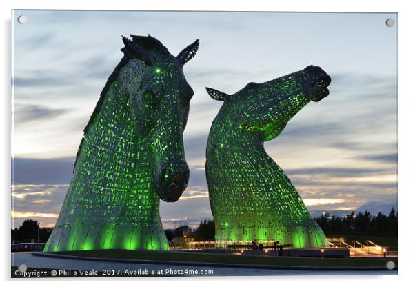 Kelpies at Sunset in Green. Acrylic by Philip Veale