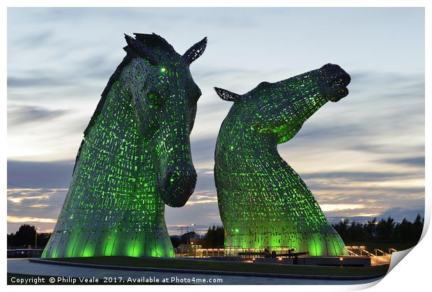 Kelpies at Sunset in Green. Print by Philip Veale