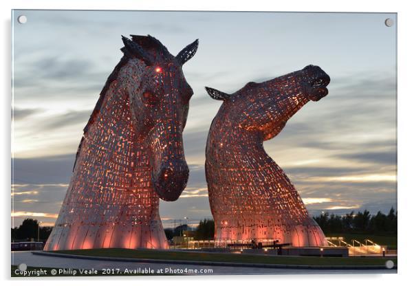 Kelpies at Sunset in Red. Acrylic by Philip Veale