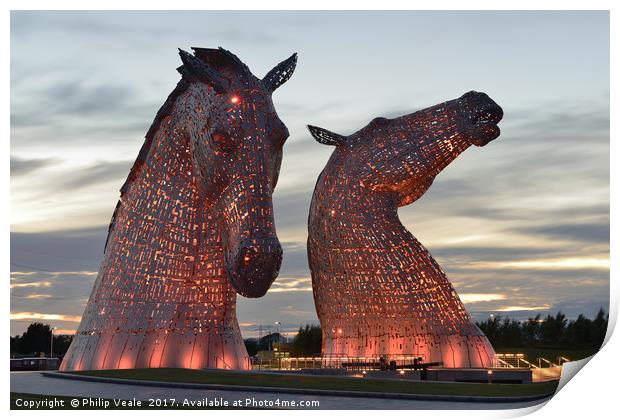 Kelpies at Sunset in Red. Print by Philip Veale