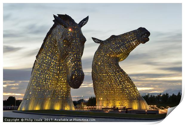 Kelpies at Sunset in Yellow. Print by Philip Veale