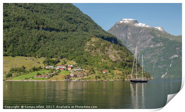 sailing ship in Geirangerfjord Norway Print by Chris Willemsen