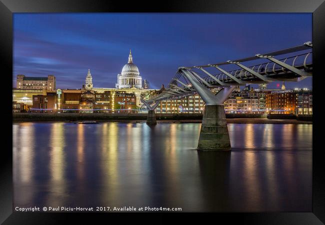 St Paul's Cathedral and Millennium Bridge at Dusk Framed Print by Paul Piciu-Horvat