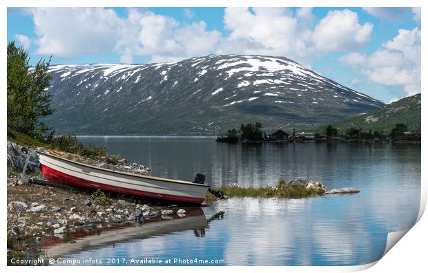 small boat on trailer at fjord in norway Print by Chris Willemsen