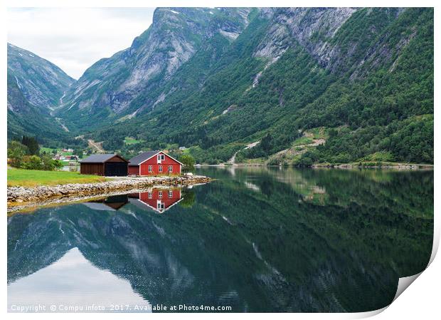 red wooden house at norway fjord Print by Chris Willemsen