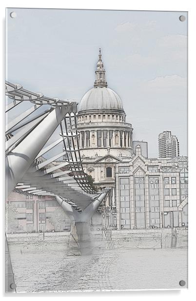 St Pauls Cathedral and Millennium Bridge  Acrylic by Ceri Jones