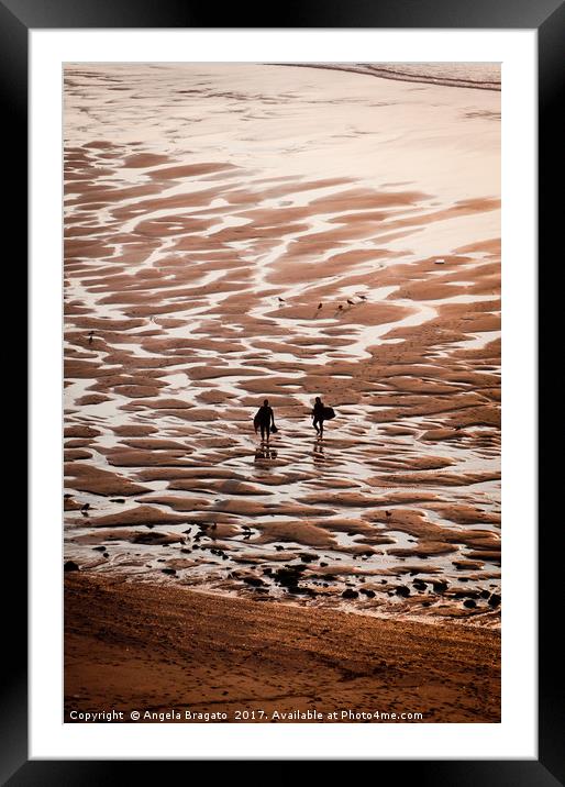 Surfers with bodyboards on sunset Framed Mounted Print by Angela Bragato