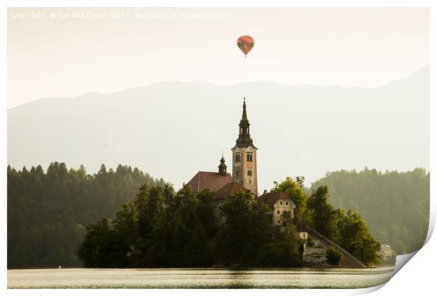 Hot air Balloon over Lake Bled and the Island chur Print by Ian Middleton