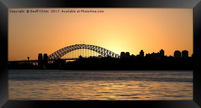 Sydney Harbour Bridge sunset sillhouette. Framed Print by Geoff Childs