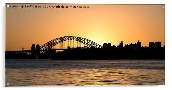 Sydney Harbour Bridge sunset sillhouette. Acrylic by Geoff Childs