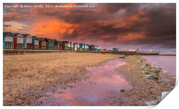 Beach hut sunset in Poole.  Print by Shaun Jacobs
