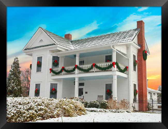 White Two Story House Decorated for Christmas in S Framed Print by Darryl Brooks