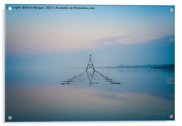 Marker post on the Loughor estuary. Acrylic by Bryn Morgan