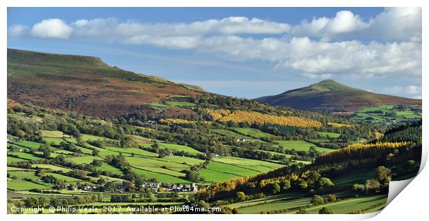 Pen Cerrig-calch and Sugar Loaf in Autumn. Print by Philip Veale
