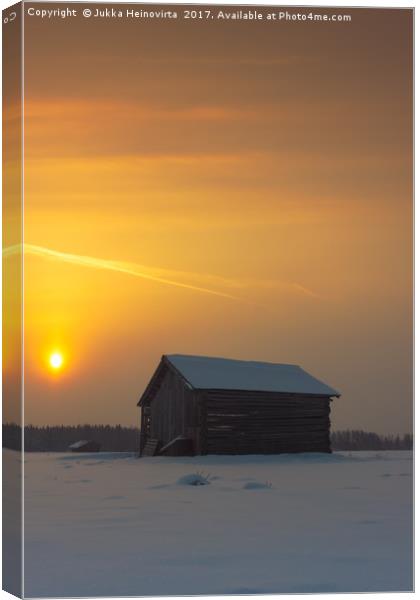 Two Barns In The Winter Sunrise Canvas Print by Jukka Heinovirta