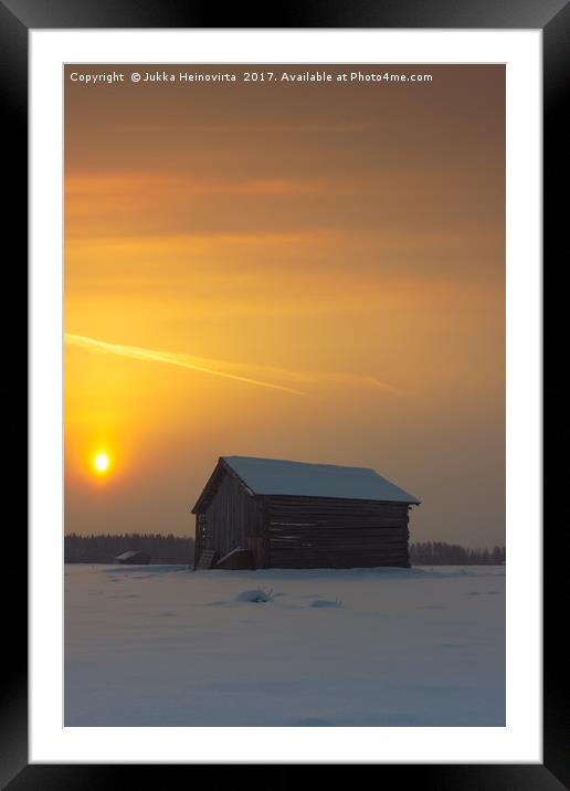 Two Barns In The Winter Sunrise Framed Mounted Print by Jukka Heinovirta