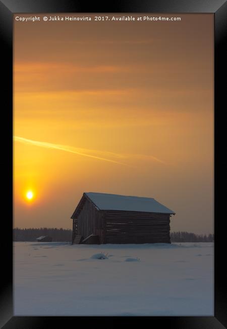 Two Barns In The Winter Sunrise Framed Print by Jukka Heinovirta