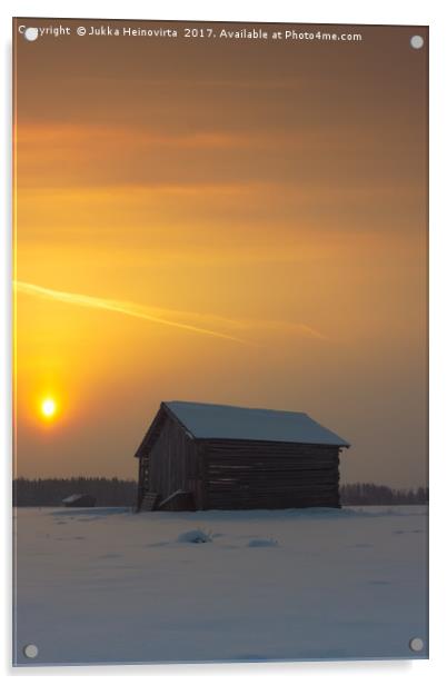 Two Barns In The Winter Sunrise Acrylic by Jukka Heinovirta