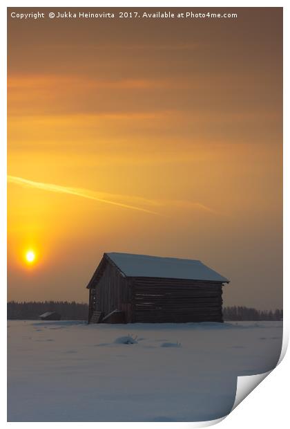 Two Barns In The Winter Sunrise Print by Jukka Heinovirta