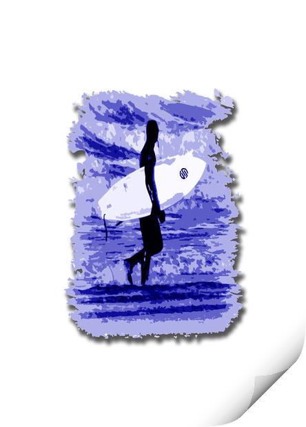 Surfer Silhouette in Blue Print by graham young
