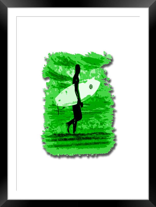 Surfer Silhouette in Green Framed Mounted Print by graham young
