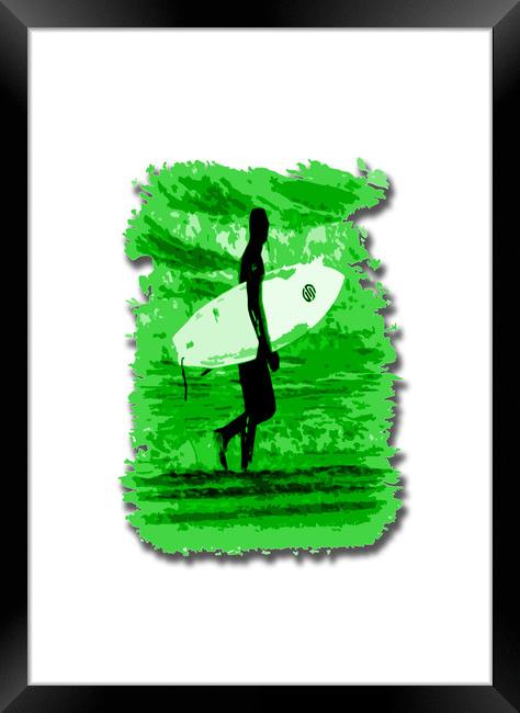Surfer Silhouette in Green Framed Print by graham young