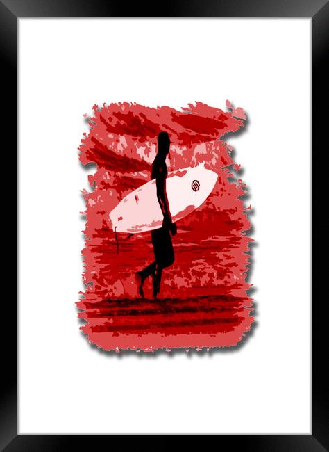 Surfer Silhouette in Red Framed Print by graham young
