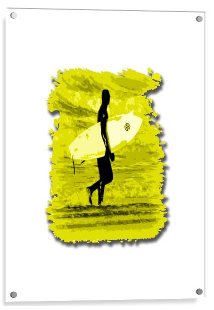 Surfer Silhouette in yellow Acrylic by graham young