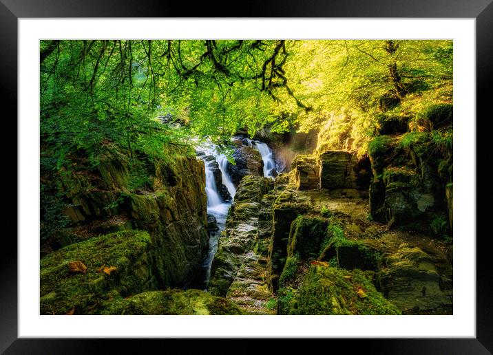 Sunshine over the Black Linn waterfall Framed Mounted Print by Miles Gray