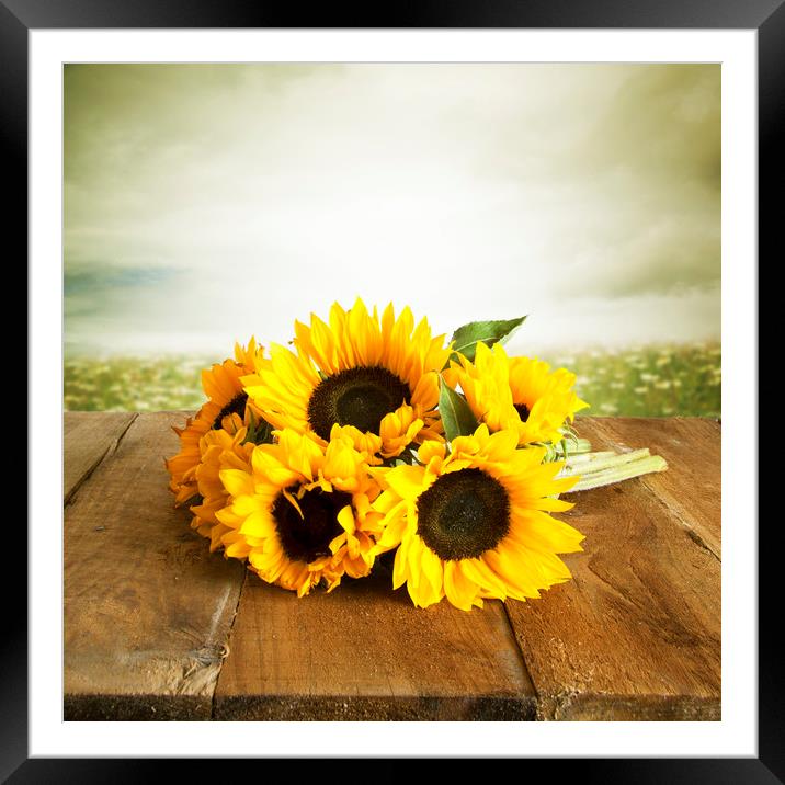 Sunflowers On A Wooden Table Framed Mounted Print by Lynne Davies