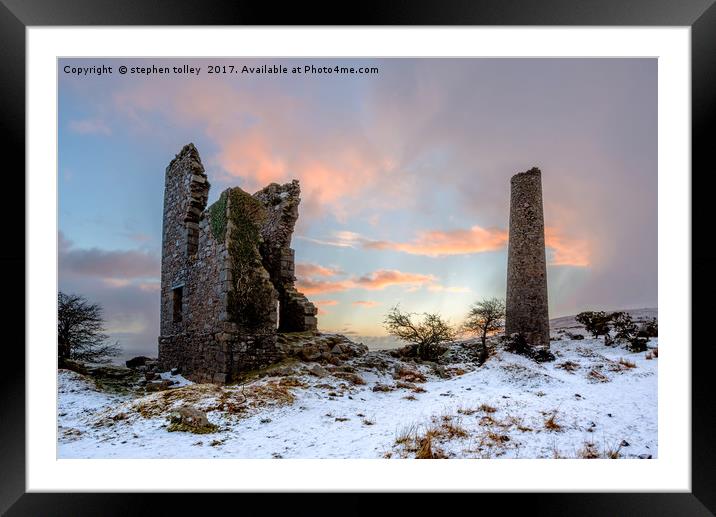 Wheal Jenkin Mine at sunrise in the snow Framed Mounted Print by stephen tolley