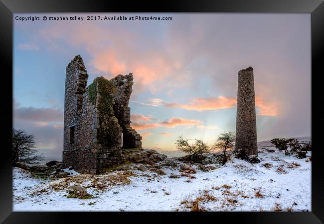 Wheal Jenkin Mine at sunrise in the snow Framed Print by stephen tolley