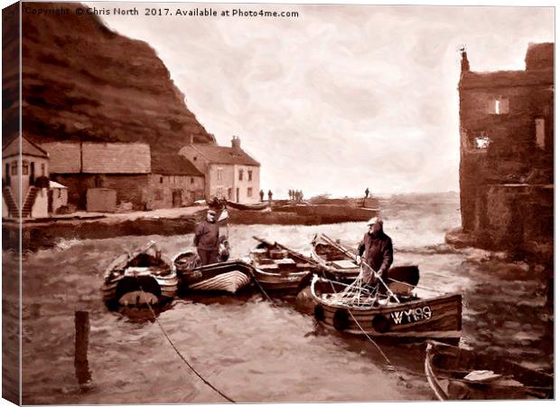 Staithes Harbour and fishermen. Canvas Print by Chris North
