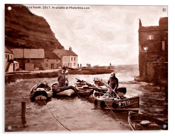 Staithes Harbour and fishermen. Acrylic by Chris North