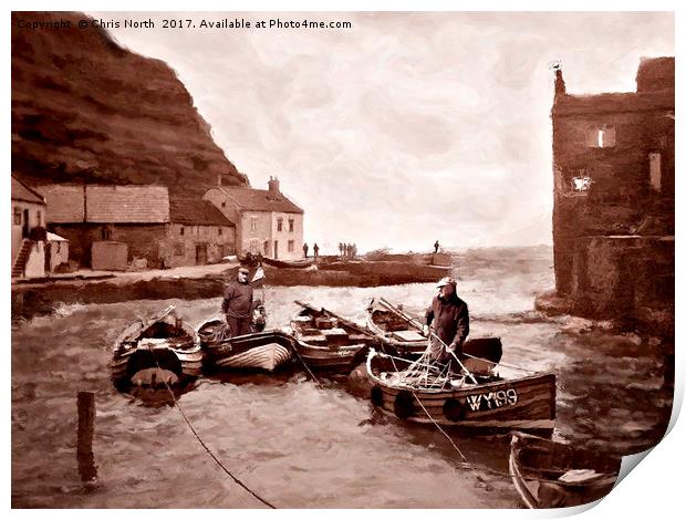 Staithes Harbour and fishermen. Print by Chris North