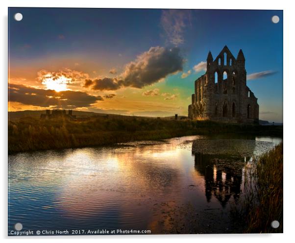 Sunset over Saint Hilda's Abbey, Whitby. Acrylic by Chris North