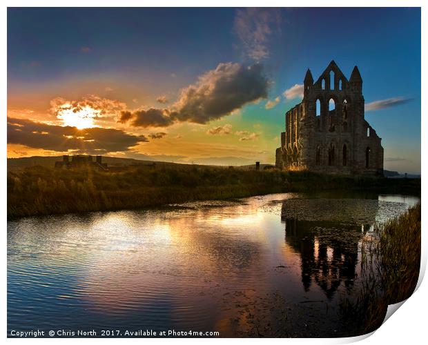 Sunset over Saint Hilda's Abbey, Whitby. Print by Chris North
