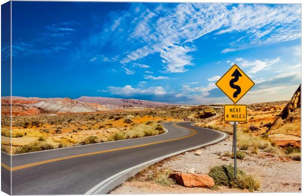 Road Sign for Curves in Desert Canvas Print by Darryl Brooks