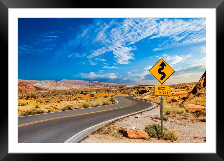 Road Sign for Curves in Desert Framed Mounted Print by Darryl Brooks