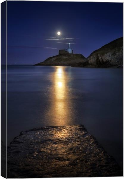 Moonlit Mumbles Lighthouse Canvas Print by Leighton Collins