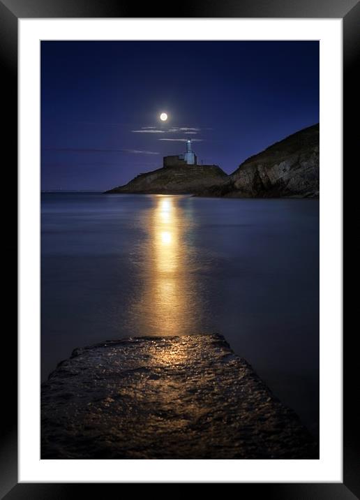 Moonlit Mumbles Lighthouse Framed Mounted Print by Leighton Collins