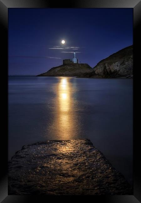 Moonlit Mumbles Lighthouse Framed Print by Leighton Collins