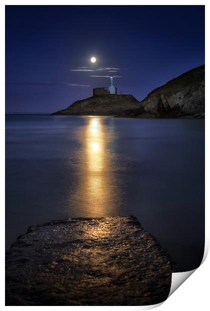 Moonlit Mumbles Lighthouse Print by Leighton Collins