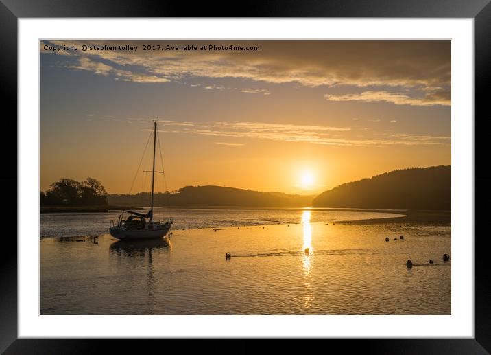 Sunrise at St Germans quay , with golden sky Framed Mounted Print by stephen tolley