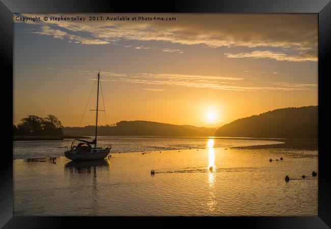 Sunrise at St Germans quay , with golden sky Framed Print by stephen tolley