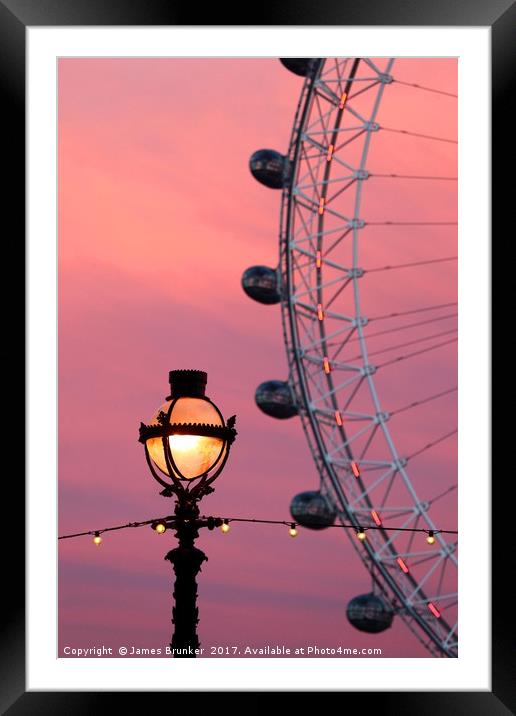 London Eye and Old Fashioned Street Lamp at Sunset Framed Mounted Print by James Brunker